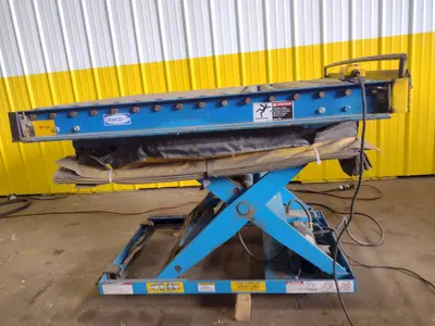 3,000 LBS X 48" X 48" ROTO-MAX HYDRAULIC SCISSOR LIFT TABLE W/ ROTARY LEWCO ROLLER CONVEYOR TOP, 110 VOLT: STOCK #20872