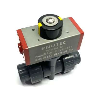 USED PNUTEC PNEUMATIC ACTUATOR W/ 2-WAY TRUE UNION PVC BALL VALVE