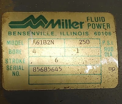 MILLER, 4x6 A61B2N, 250PSI, BORE 4", ROD DIA 1", STROKE 6",  AIR CYLINDER