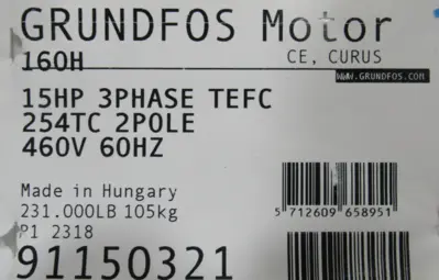 NEW GRUNFOS 91150321 PUMP MOTOR 15HP 460V MLE160H 2-254TC-JA 99256777-V29