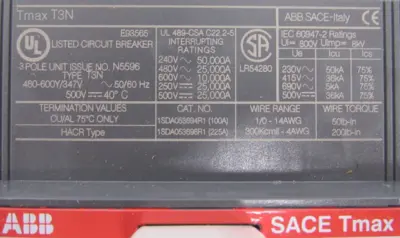 NEW ABB T3N225TWA CIRCUIT BREAKER BKR T3N 225A 3P T/M UL AS