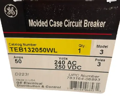 NEW GE TEB132050WL CIRCUIT BREAKER 50AMPS