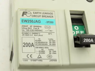 Fuji EW250JAG-3P200 Earth Leakage Circuit Breaker 3-Pole 200A 100-440VAC