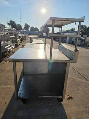Used Falcon Restaurant Supply Used 38" Stainless Steel Table with Over Shelves and Casters - SS333 - COZ Food Prep Tables Illinois US | Falcon Restaurant Supply #1375150