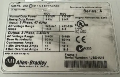 ALLEN BRADLEY 20DD011A3EYYACABE POWERFLEX 700S 7.5HP PRE-OWNED USED