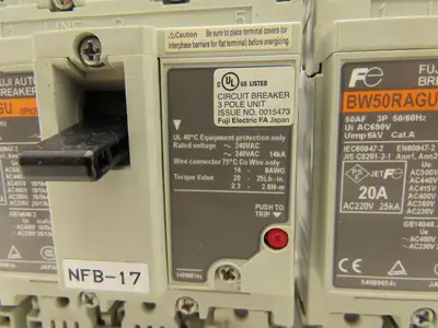 Fuji BW50RAGU-3P020 3-Pole Auto Circuit Breaker 20A 500V 3Ph Molded Case