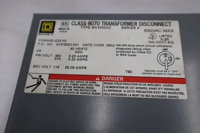SQUARE D SK3000G3 SERIES A CLASS 9070 TRANSFORMER DISCONNECT STOCK H900
