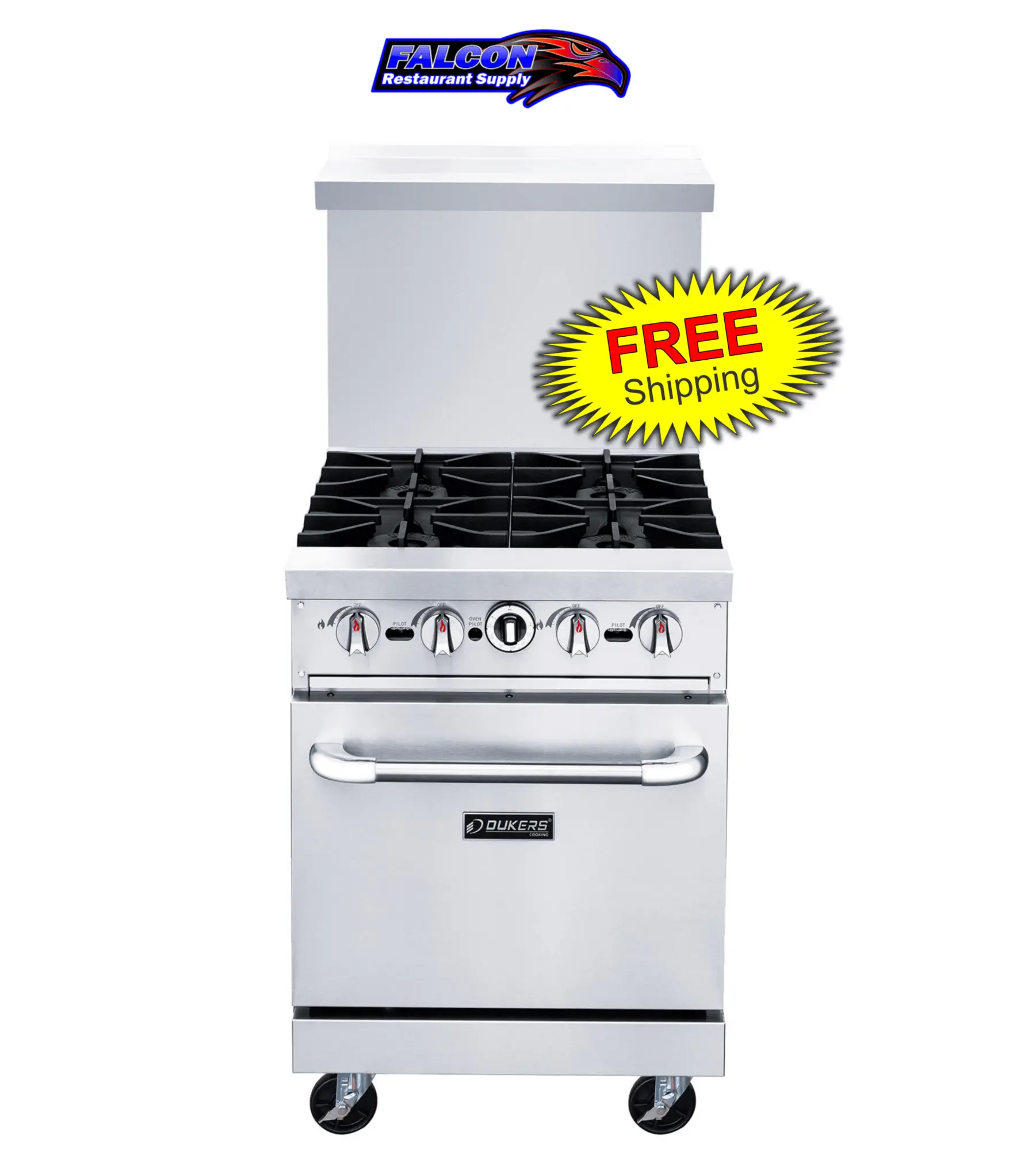 New | in-Stock Dukers New Dukers DCR24-4B 24" Gas Cooktop Range with Four (4) Open Burners Commercial Ranges Illinois US | Falcon Restaurant Supply #1376291
