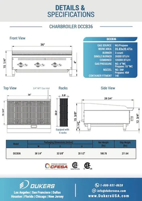 New | in-Stock Dukers New Dukers DCCB36 36 in. W Countertop Charbroiler Chargrill Grill 105,000 BTU Broilers Illinois US | Falcon Restaurant Supply #1376310