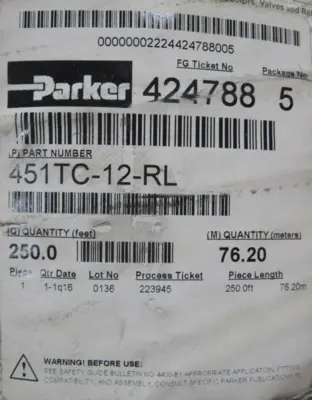NEW PARKER 451TC-12-RL HYDRAULIC HOSE 250FT 3/4" 451TC12RL