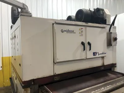63" MIDWEST AUTOMATION MODEL #N3-6375 3 HEAD WET TYPE BELT DEBURRING GRINDER MACHINE: STOCK 18225