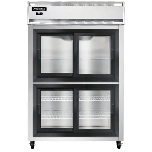 Continental 2RNSSSGDHD 52" Two Section Reach In Refrigerator, (4) Sliding Glass Doors, Top Compressor, 115v