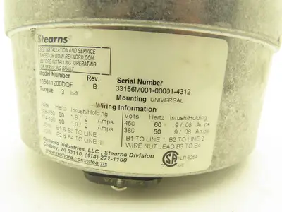 Stearns 105611200DQF Motor Brake 3 lb. ft Torque 230/460VAC