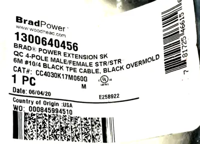 NEW BRADPOWER WOODHEAD 1300640456 POWER EXTENSION CC4030K17M060G 4-POLE 6M