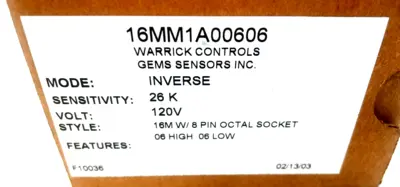 NEW GEMS WARRICK CONTROLS 16MM1A00606 RELAY 16M W/8 PIN OCTAL SOCKET