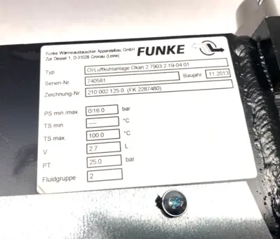 USED FUNKE OIL/AIR COOLING UNIT OKAN 2.79 SIZE 02 AC