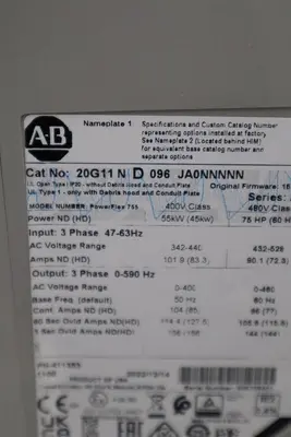 ALLEN BRADLEY 20G11ND096JA0NNNNN 75 HP POWERFLEX 755 DRIVE NEW UNIT STOCK S-593