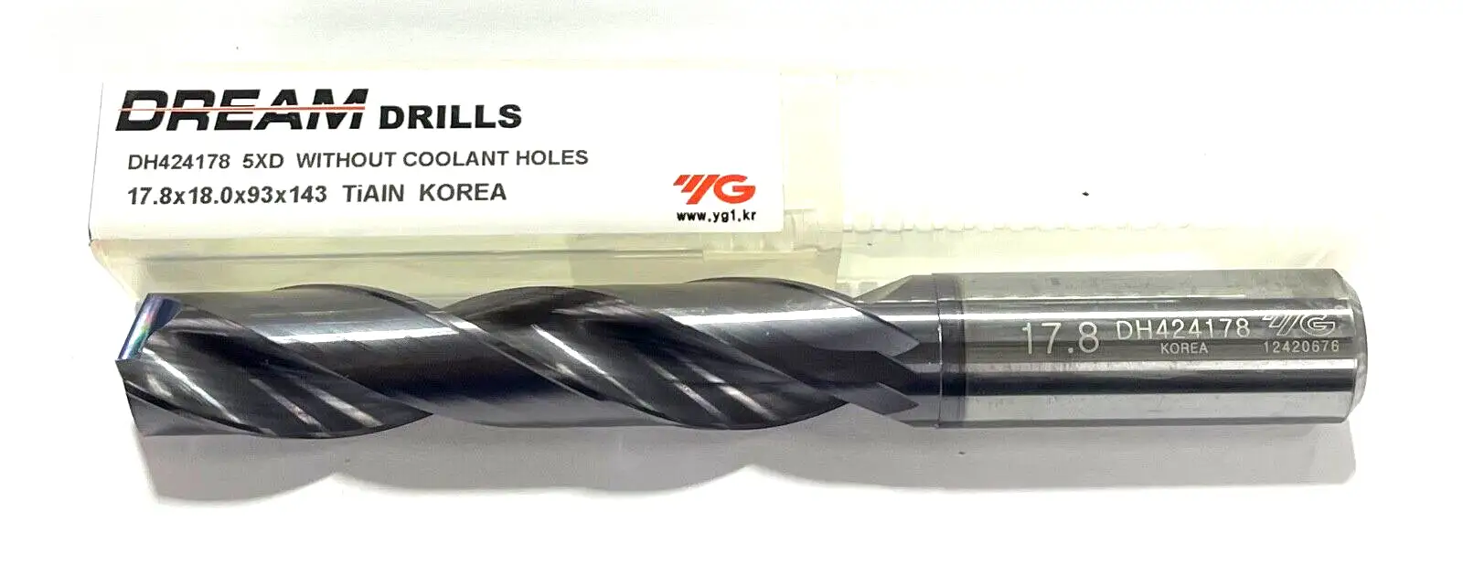 YG 17.8mm Solid Carbide Drill 5xD TiAlN Coating 140° Point 2 Flute DH424178