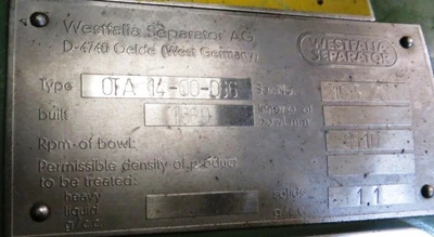 Westfalia OTA 14-00-066 biodiesel purifier skid, SS.