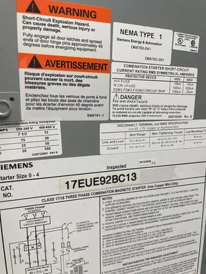 USED SIEMENS THREE PHASE COMBINATION MAGNETIC STARTER