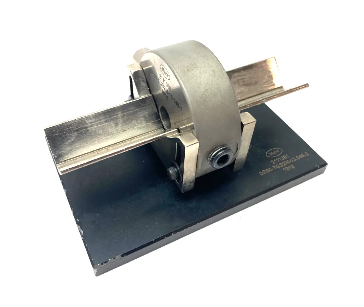 USED MAHR DIMENSIONAIR 2-JET AIR RING GAUGE W/ GUIDE CHUTES & BASE PLATE