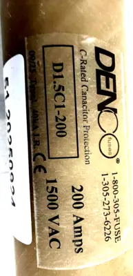 NEW DENCO D1.5C1-200 FUSE 5C1-200 200A 1500VAC CAPACITOR PROTECTION D15C1200