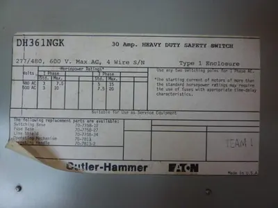 USED CUTLER HAMMER DH361NGK