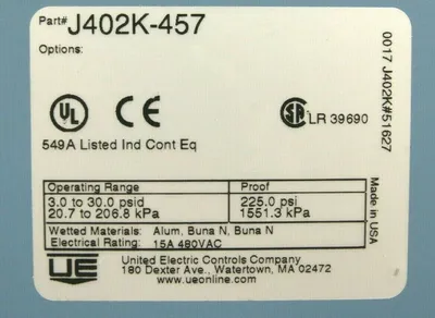 NEW UNITED ELECTRIC J402K-457 PRESSURE SWITCH J402K457