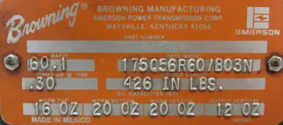 USED BROWNING 175Q56R60/B03N GEAR MOTOR 60:1 .5HP 208-230/460V F046A