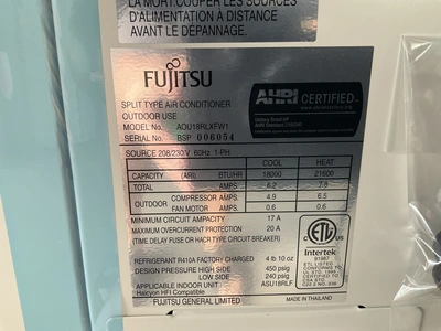 Used FUJITSU AOU18RLXFW1 Air Conditioning Equipment Michigan US | Miedema Asset Management Group #1423575
