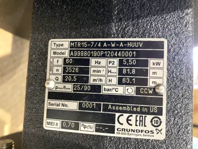 99980190 | Grundfos  Vertical Multi Stage Pump MTR15-7/4 A-W-A-HUUV 3x266/460 60 - New Other