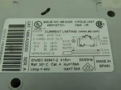 Allen Bradley 1489-A3D030 Circuit Breaker 3A 3 Pole 480Y/277 VAC Ser A Lot of 3