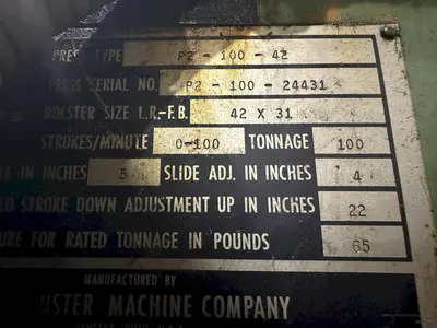 100 TON MINSTER P2-100-42 PIECE MAKER STRAIGHT SIDE SSDC HIGH SPEED PRESS 6" STROKE: YOBRO #23916