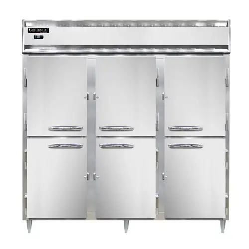 Continental D3RNHD 78" Three Section Reach In Refrigerator, (6) Left/right Hinge Solid Doors, Top Compressor, 115v
