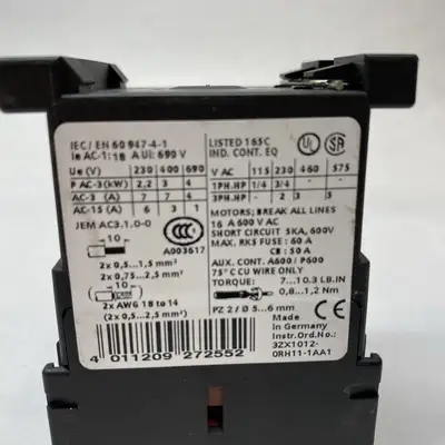 USED SIEMENS POWER CONTACTOR AC-3 7 A, 3 KW / 400 V 1 NC, 24 V DC
