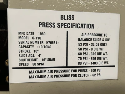USED 1989 BLISS BLISS C-110 PRESS