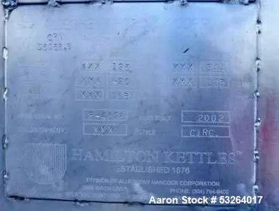 Used Hamilton 500 Gallon Stainless Steel Kettle – Jacketed, 125 PSI, Full Vacuum