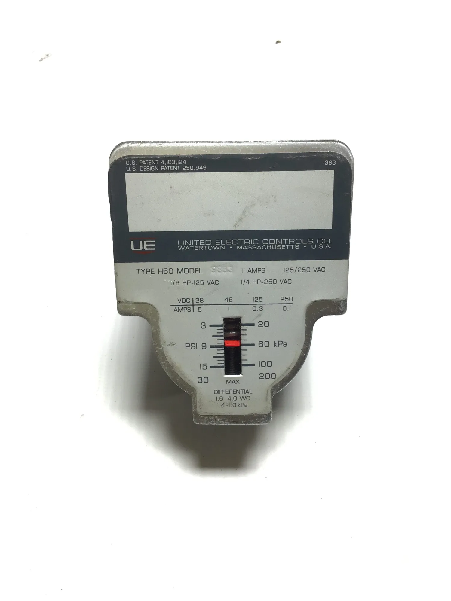 United Electric Control 9933 Pressure Switch 1/8-1/4HP 125-250VAC Type H60