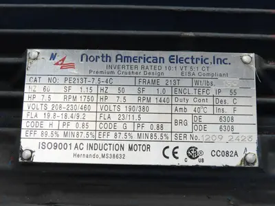 North American Electric AC Motor 7.5Hp 1750rpm 230/460v 3ph 213T TEFC