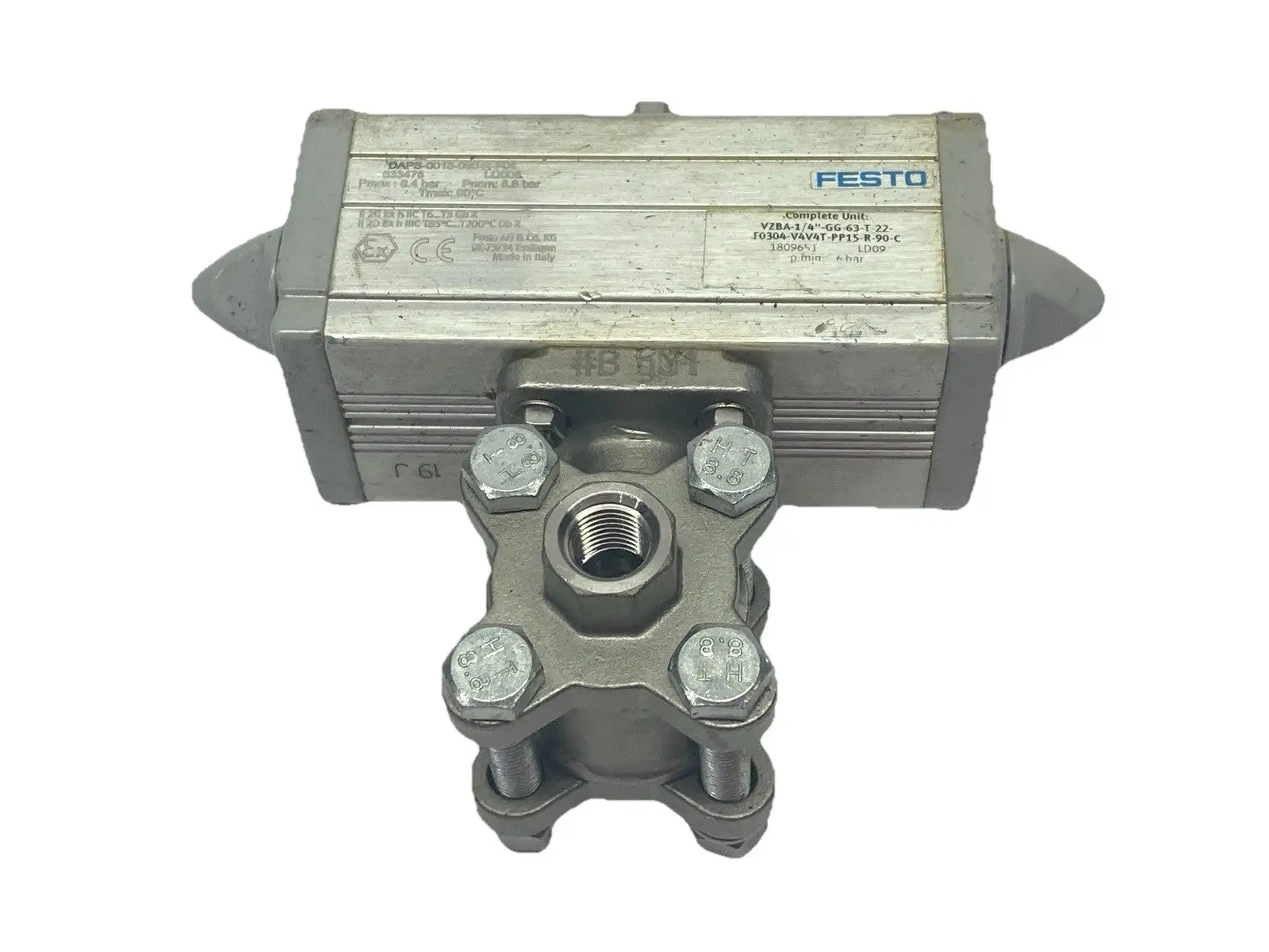 VZBA-1/4"-GG-63-T-22-F0304-V4V4T-PP15-R-90-C, 1809651 | Festo VZBA-1/4"-GG-63-T-22-F0304-V4V4T-PP15-R-90-C Ball Actuator Unit 1809651 - Used