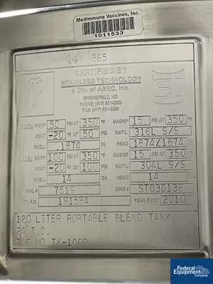USED Stainless Technology 120 Liter Stainless Technology Reactor, 316L S/S, 50/100#