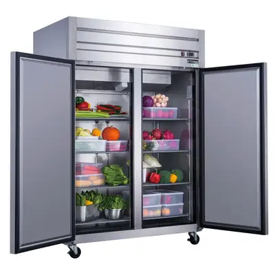 New | in-Stock Dukers New Dukers D55AR Commercial Solid 2-Door Top Mount Refrigerator in Stainless Steel Refrigerators Illinois US | Falcon Restaurant Supply #1376329