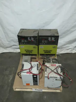 LOT OF 6 ASSORTED BATTERY CHARGERS, TOTAL LIFT, LTD, EZ-GO TEXTRON, THUNDERBULL