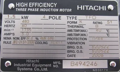 NEW HITACHI TFO-K MOTOR 480V 1735RPM 1.5KW TFOK