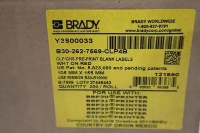 NEW Brady Printer B30-262-7569-CLP4B Pre Print Chemical Labels STOCK H390