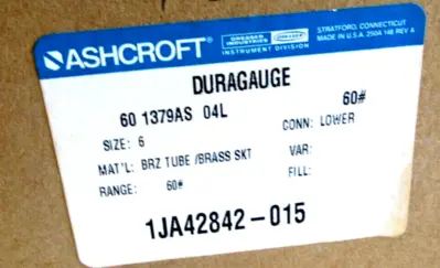 NEW ASHCROFT 60 1379AS 04L DURAGUAUGE SIZE 6 601379AS04L