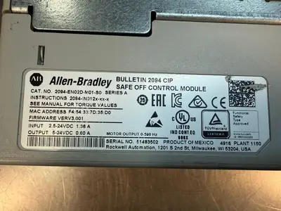 Allen Bradley 2094-BM03-M /A Axis Power Mod w/ 2094-EN02D-M01 /A (12.3.7)