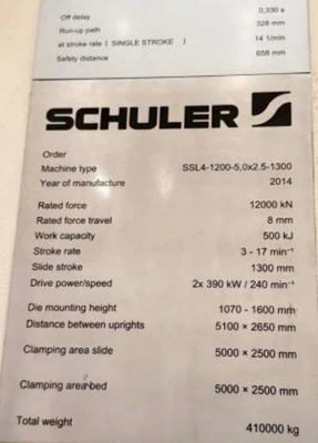 USED 2014 SCHULER SCHULER SSL4-2500-5.0X2.5-1300 / SSL4-1200-5.0X2.5-1300 PRESS