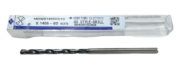 Sumitomo 0.1406" Solid Carbide Drill 8xD DEX Coated Coolant Thru