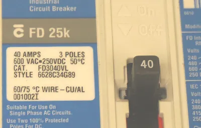 NEW CUTLER HAMMER FD3040VL CIRCUIT BREAKER SER. C, 600VAC, 40A, 3 POLE